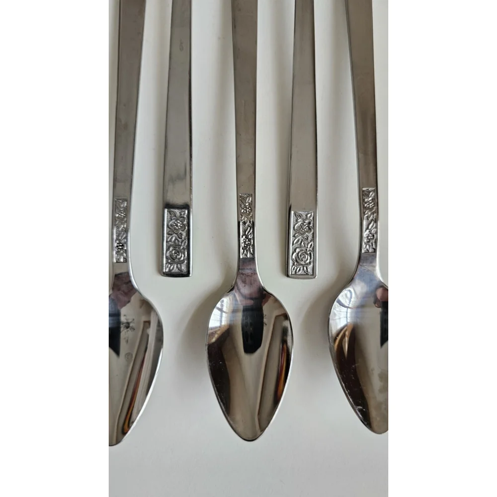 Customcraft Set of 6 Iced Tea Spoons & Serving Fork Stainless Flatware Floral